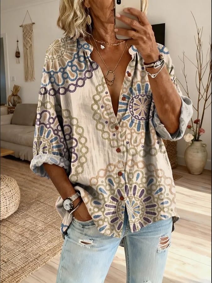 Women's Retro Floral Button Shirt